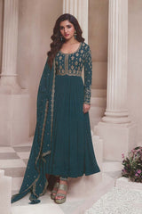 Dark Teal Chinon Silk Embroidered Traditional Suit For Women