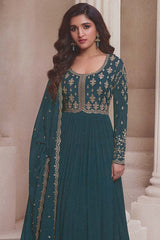 Dark Teal Chinon Silk Embroidered Traditional Suit For Women