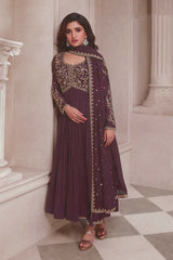 Chocolate Chinon Silk Embroidered Traditional Suit For Women