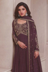 Chocolate Chinon Silk Embroidered Traditional Suit For Women