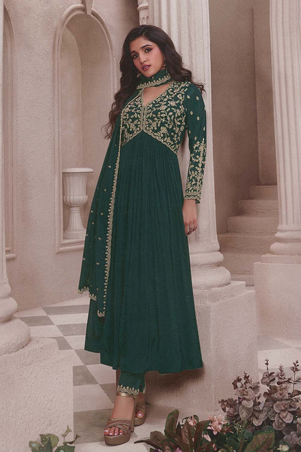 Dark Green Chinon Silk Embroidered Traditional Suit For Women