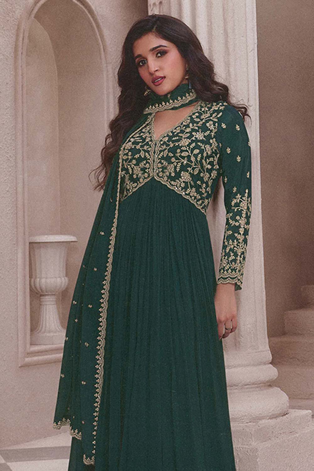 Dark Green Chinon Silk Embroidered Traditional Suit For Women