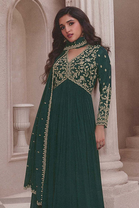 Dark Green Chinon Silk Embroidered Traditional Suit For Women