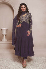 Slate Grey Chinon Silk Embroidered Traditional Suit For Women