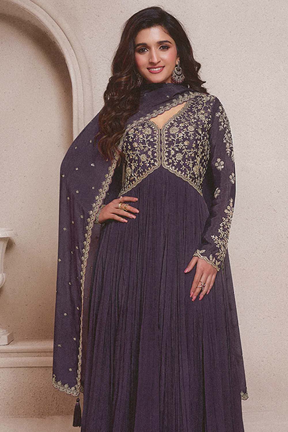 Navy Blue Chinon Silk Embroidered Traditional Suit For Women