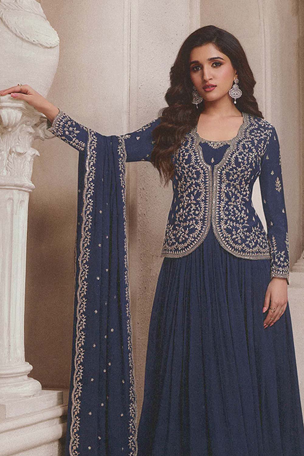 Navy Blue Chinon Silk Embroidered Traditional Suit For Women