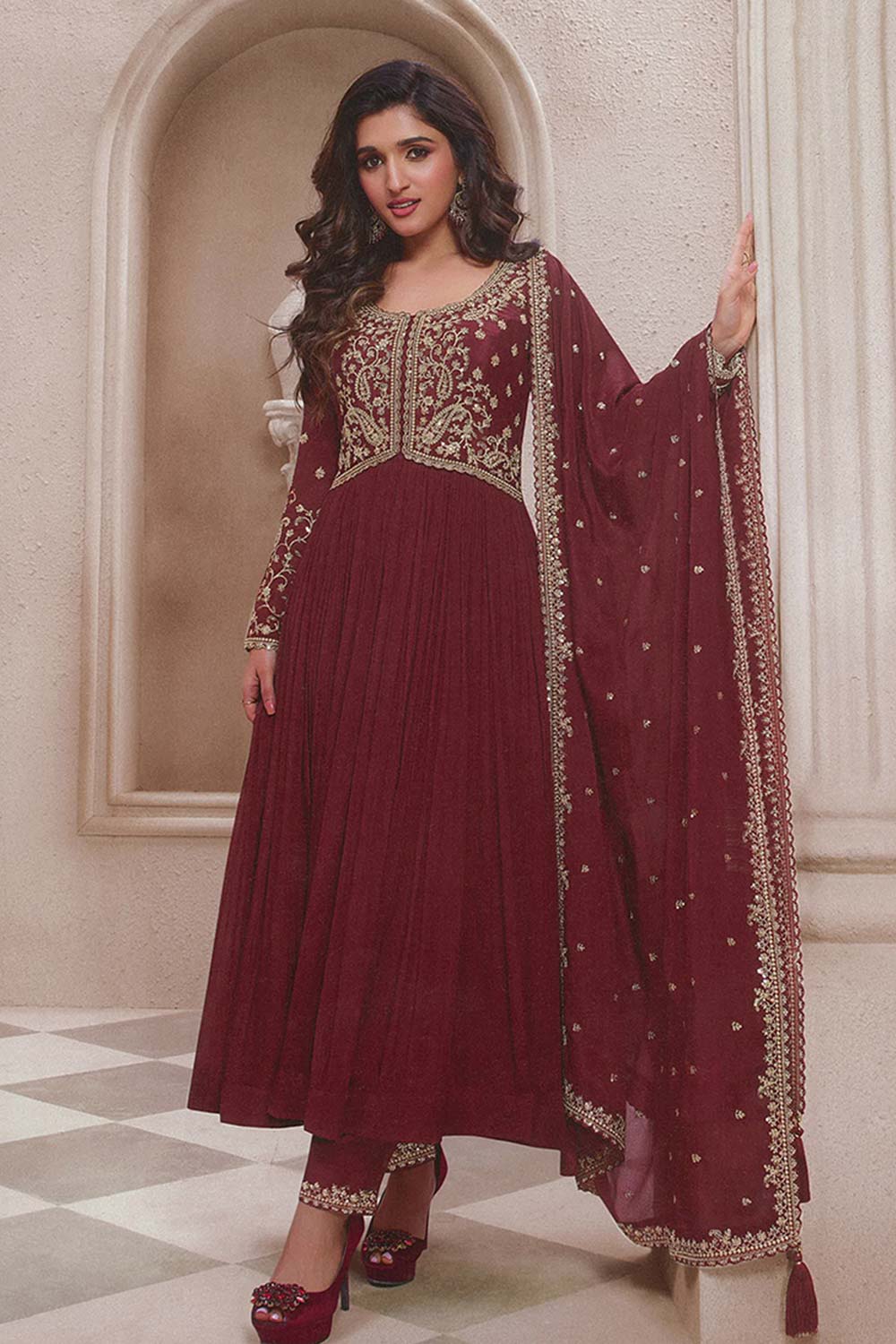 Crimson Chinon Silk Embroidered Traditional Suit For Women