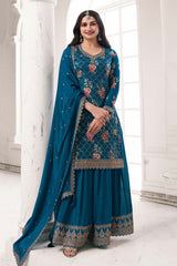 Dark Blue Embroidered Chinon Silk Sharara Suit