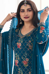 Dark Blue Embroidered Chinon Silk Sharara Suit