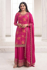 Pink Embroidered Chinon Silk Sharara Suit