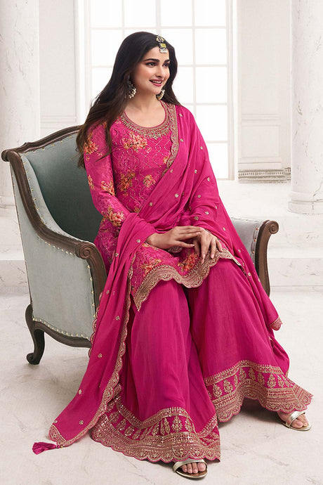 Pink Embroidered Chinon Silk Sharara Suit