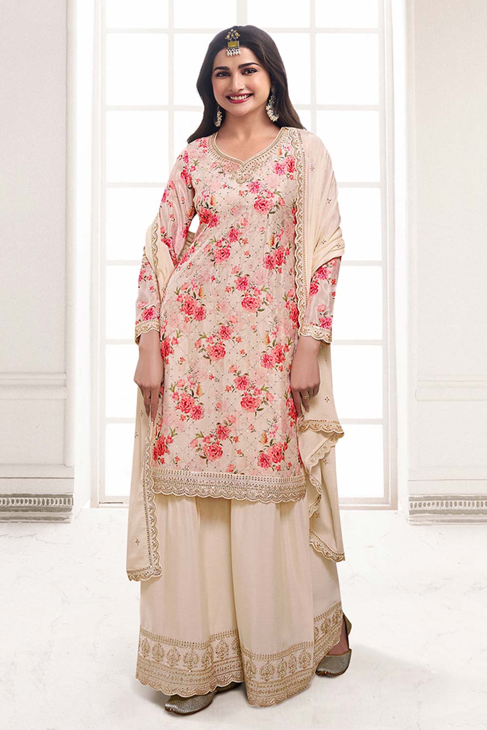 Cream Embroidered Chinon Silk Sharara Suit