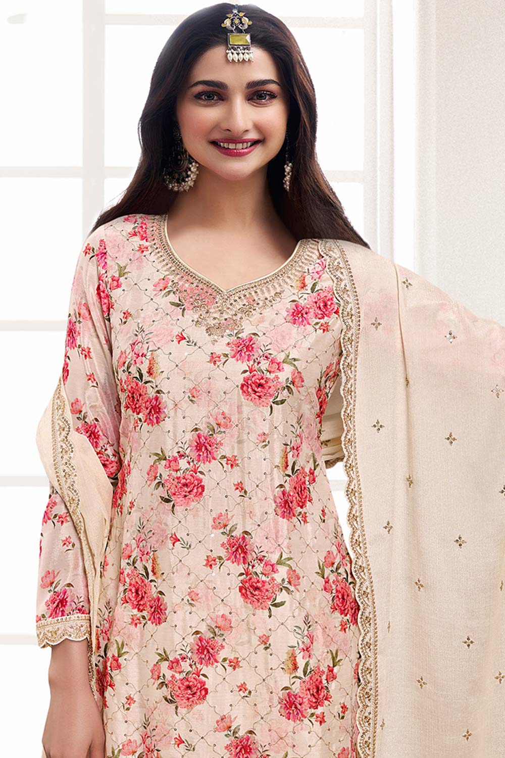 Cream Embroidered Chinon Silk Sharara Suit