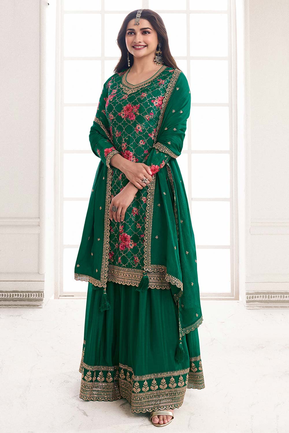 Dark Green Embroidered Chinon Silk Sharara Suit