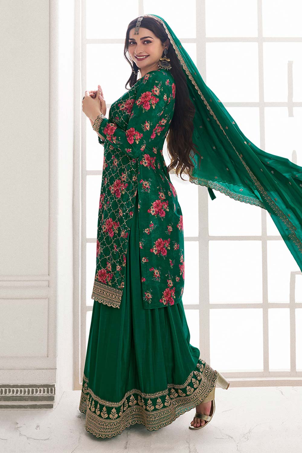 Dark Green Embroidered Chinon Silk Sharara Suit