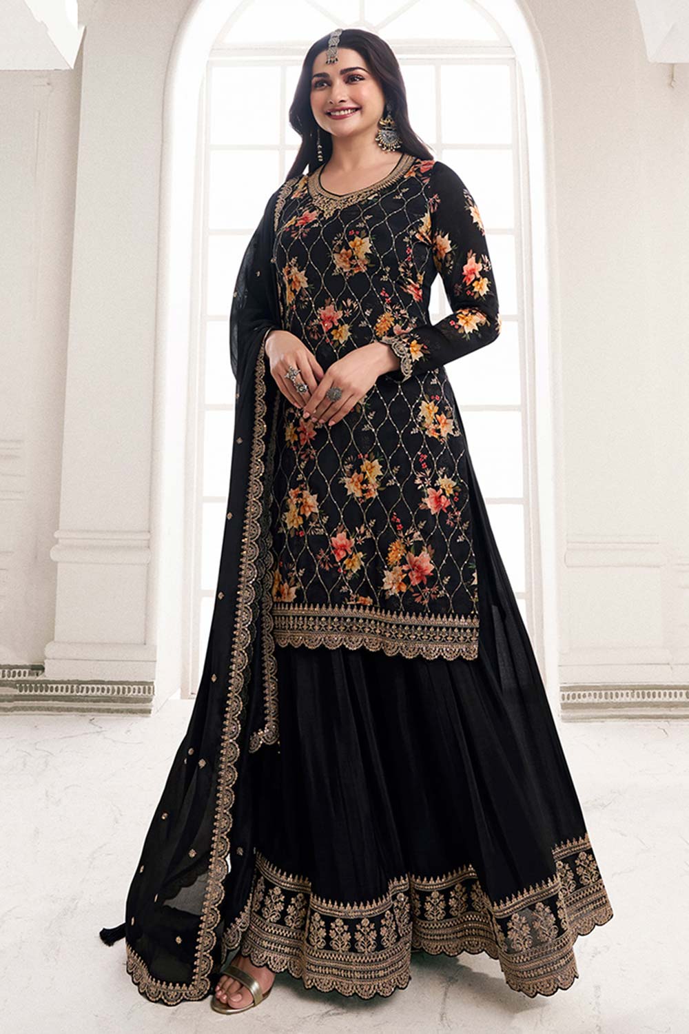 Black Embroidered Chinon Silk Sharara Suit