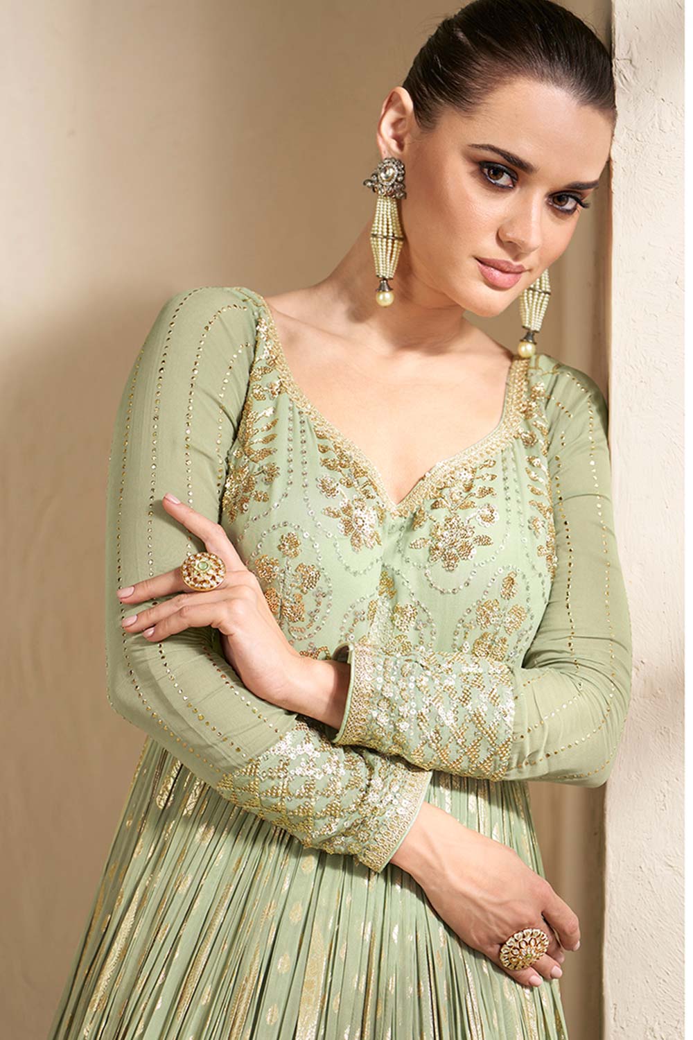 Light Olive Viscose Jacquard Salwar Kameez