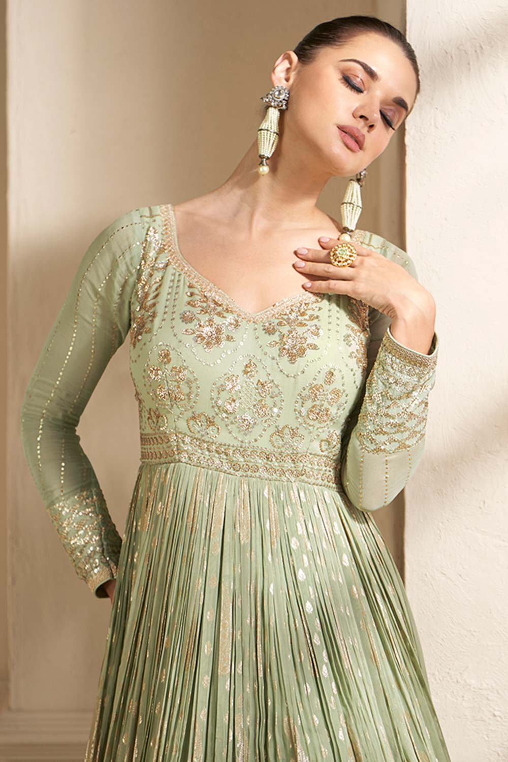 Light Olive Viscose Jacquard Salwar Kameez