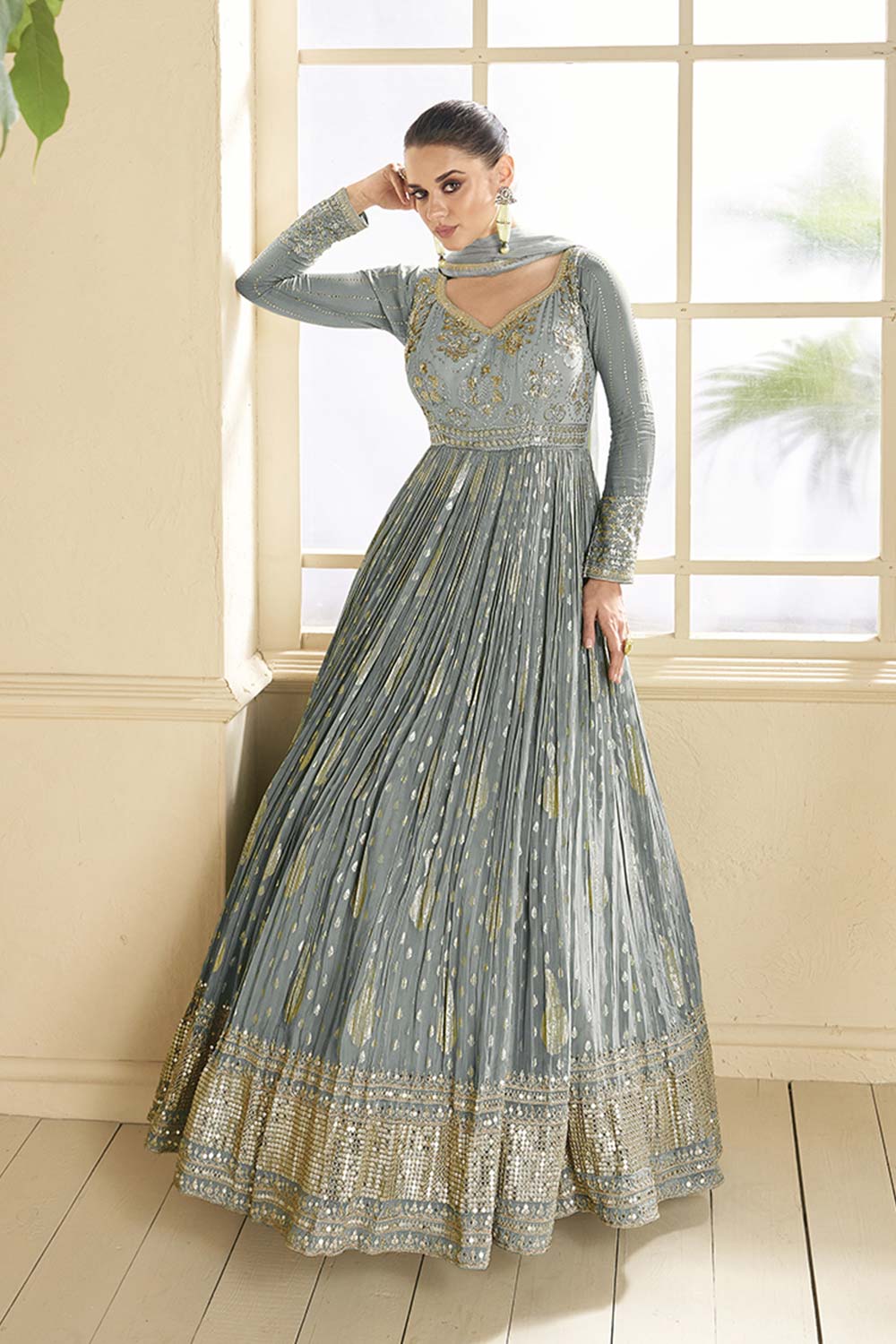 Grey Viscose Jacquard Salwar Kameez