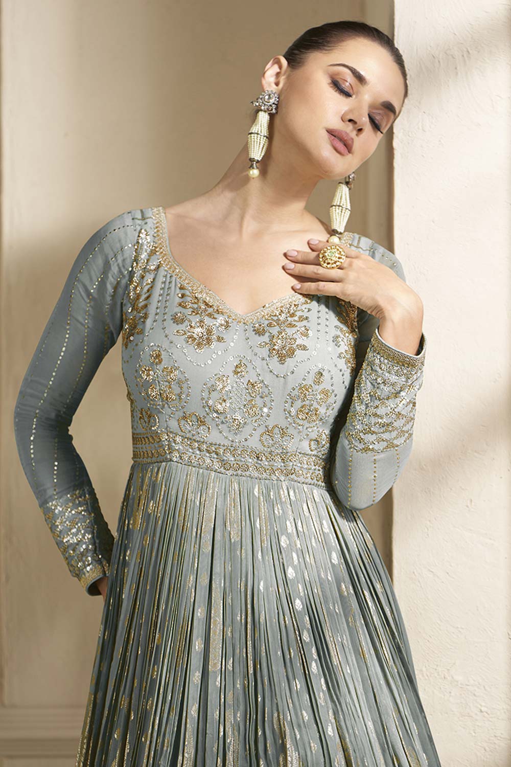 Grey Viscose Jacquard Salwar Kameez