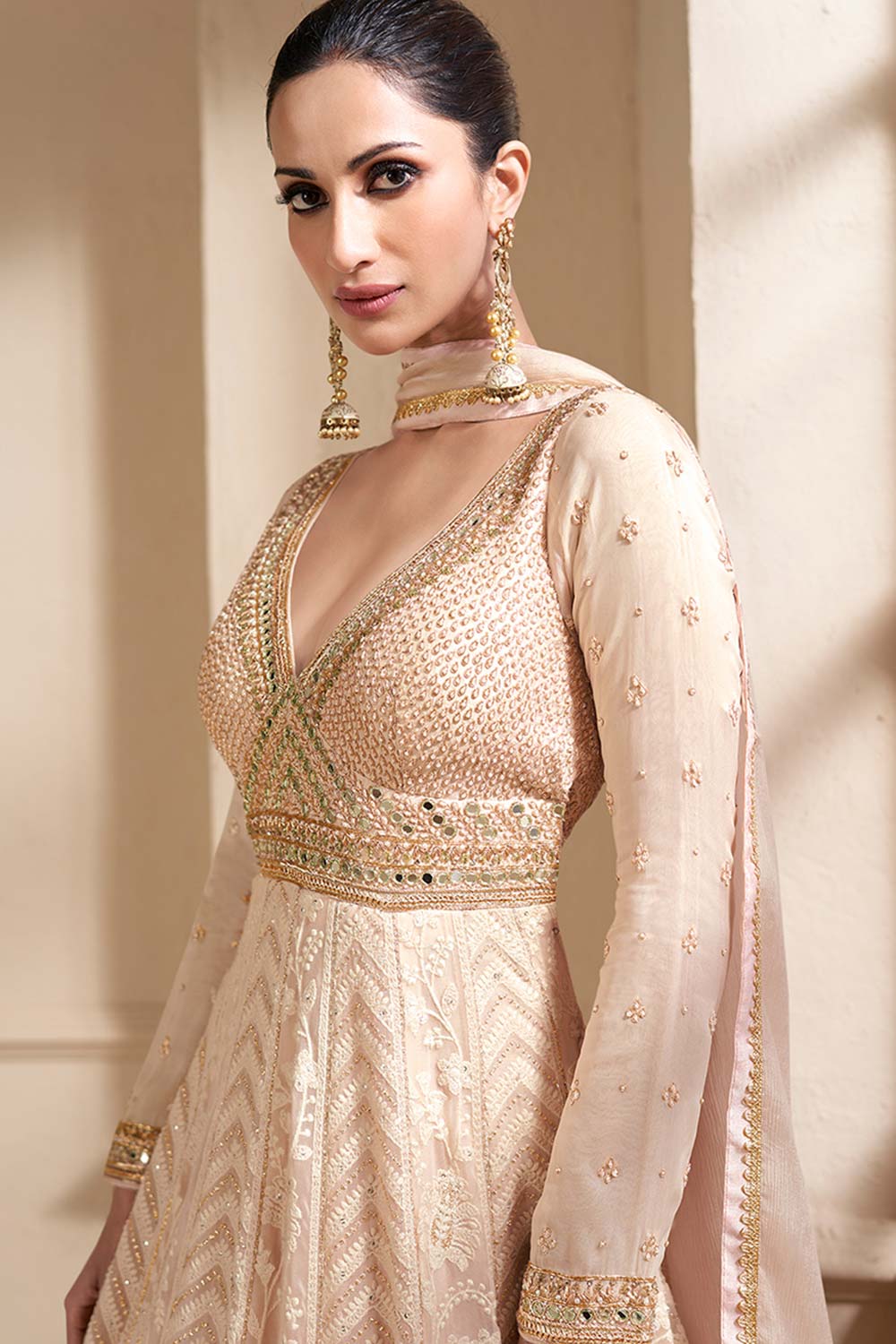 Beige Faux Georgette Embroidered Traditional Suit For Women