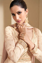 Beige Faux Georgette Embroidered Traditional Suit For Women