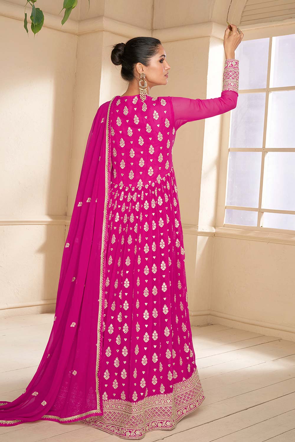 Hot Pink Embroidered Faux Georgette Anarkali Salwar Kameez