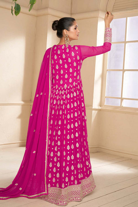 Hot Pink Embroidered Faux Georgette Anarkali Salwar Kameez