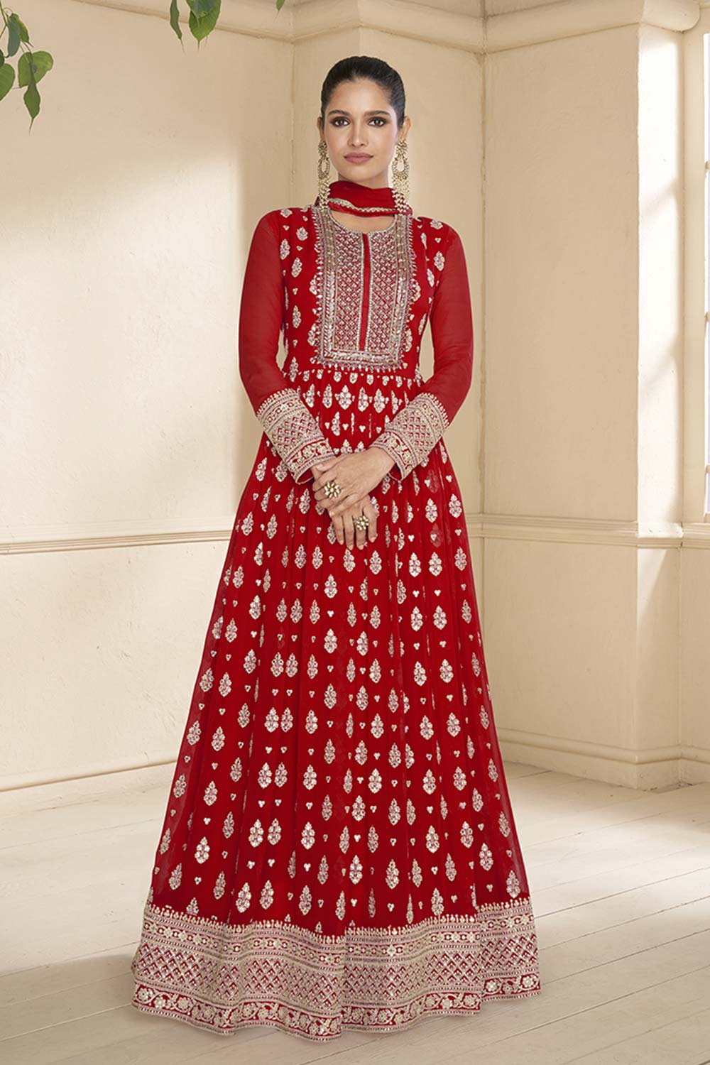 Red Embroidered Faux Georgette Anarkali Salwar Kameez