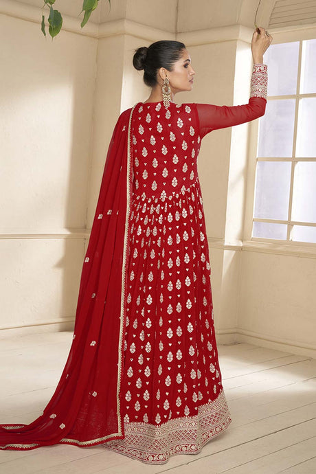 Red Embroidered Faux Georgette Anarkali Salwar Kameez