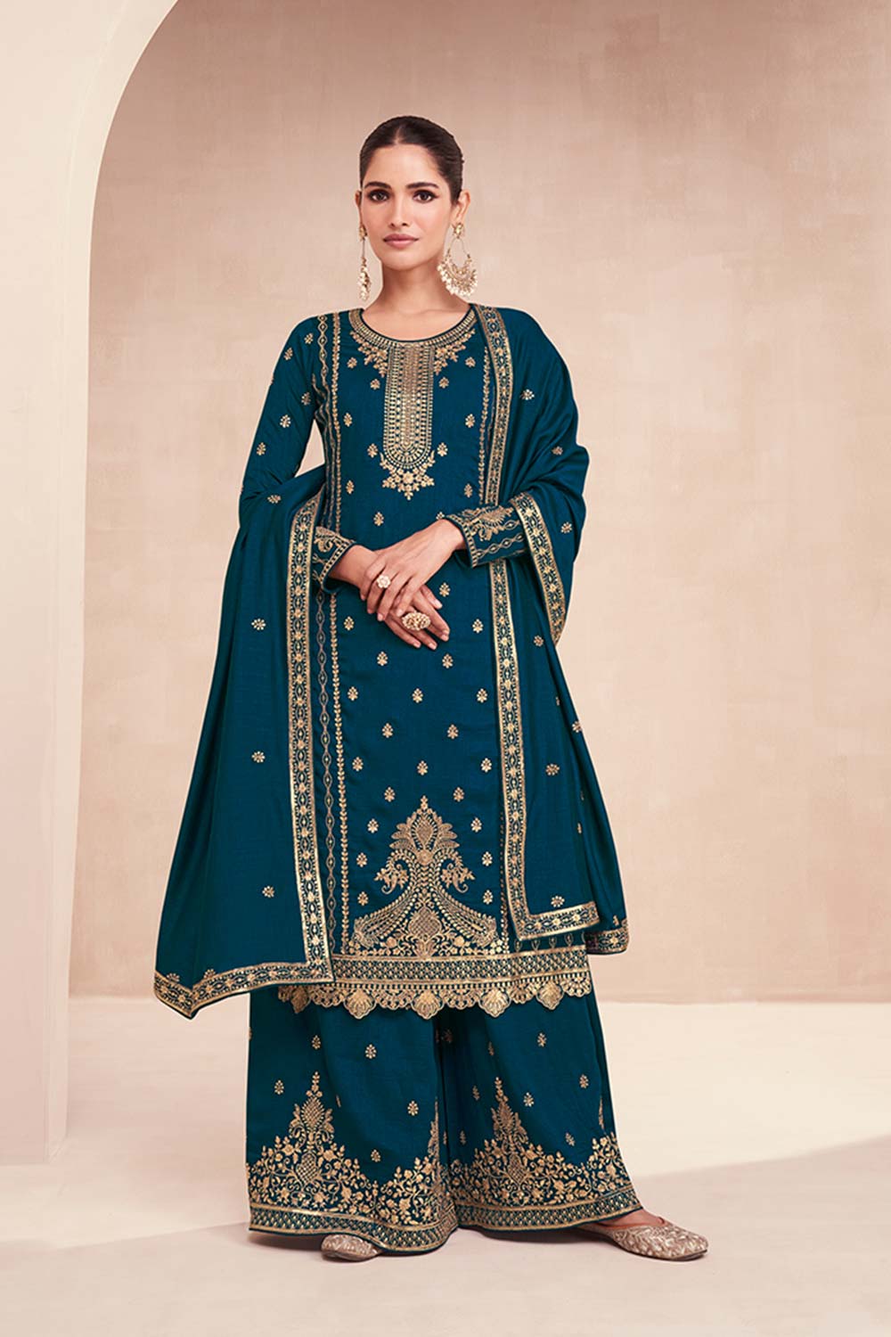 Dark Teal Blue Premium Silk Embroidered Palazzo Dress