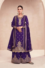 Dark Violet Premium Silk Embroidered Palazzo Dress