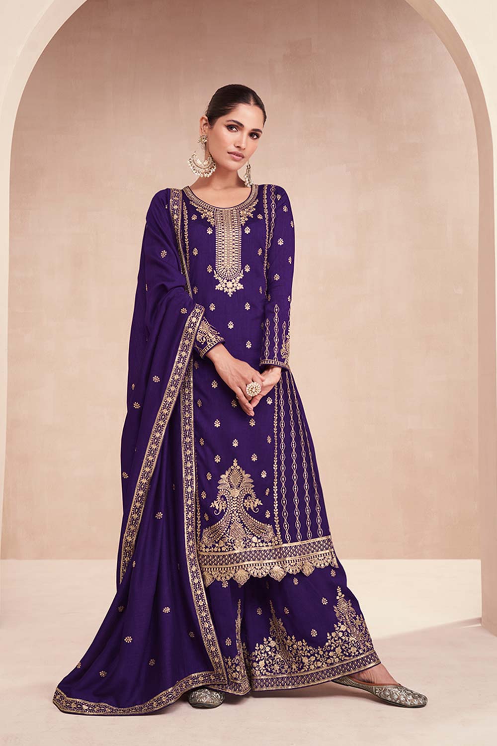 Dark Violet Premium Silk Embroidered Palazzo Dress