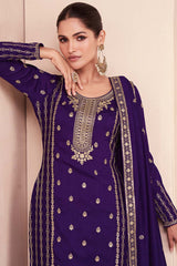 Dark Violet Premium Silk Embroidered Palazzo Dress