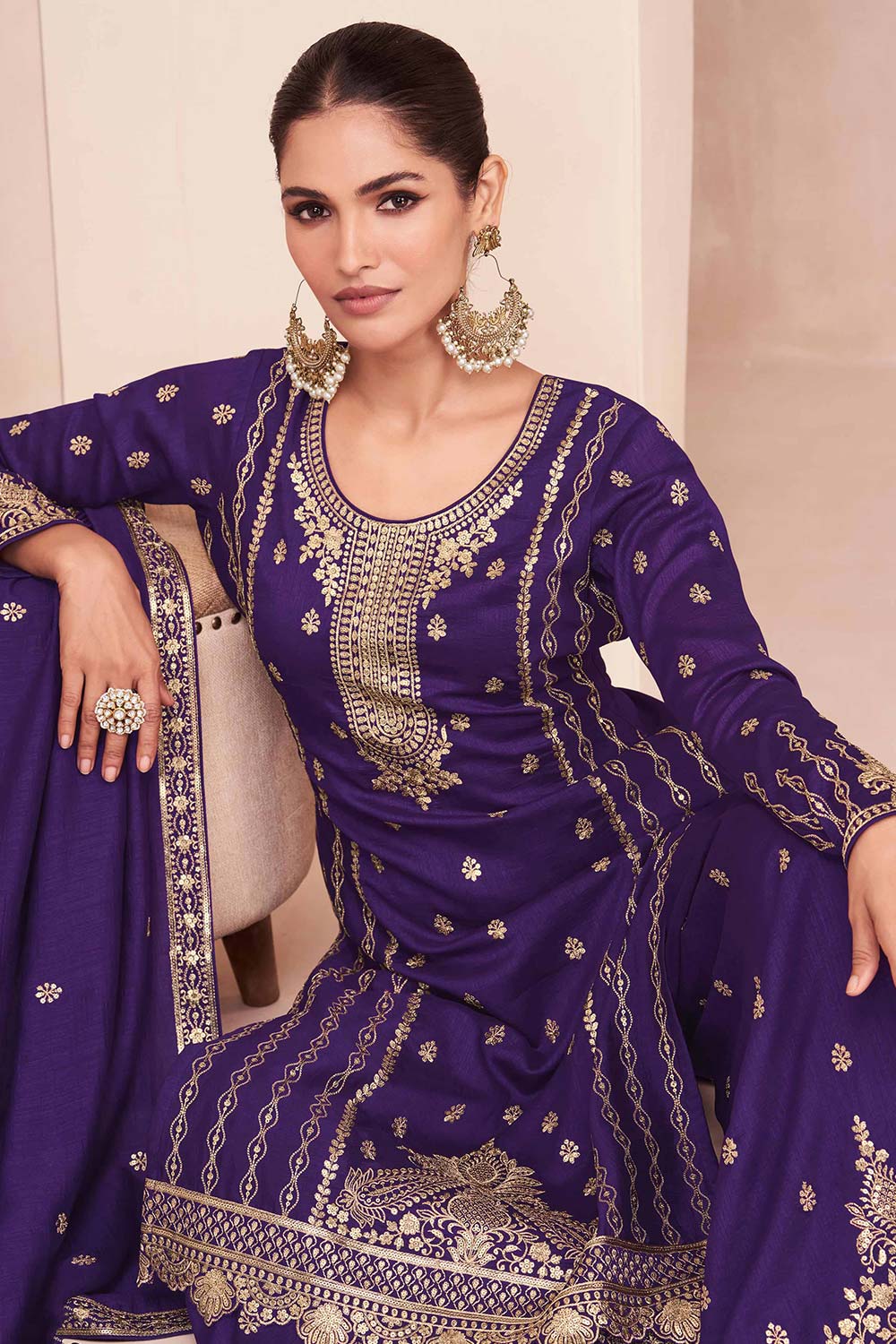 Dark Violet Premium Silk Embroidered Palazzo Dress