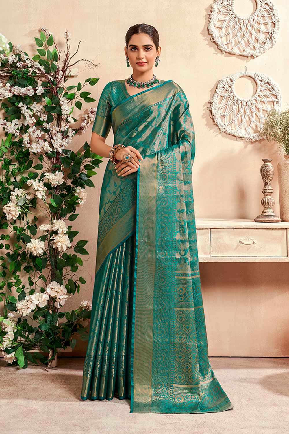 Turquoise Silk Woven Saree