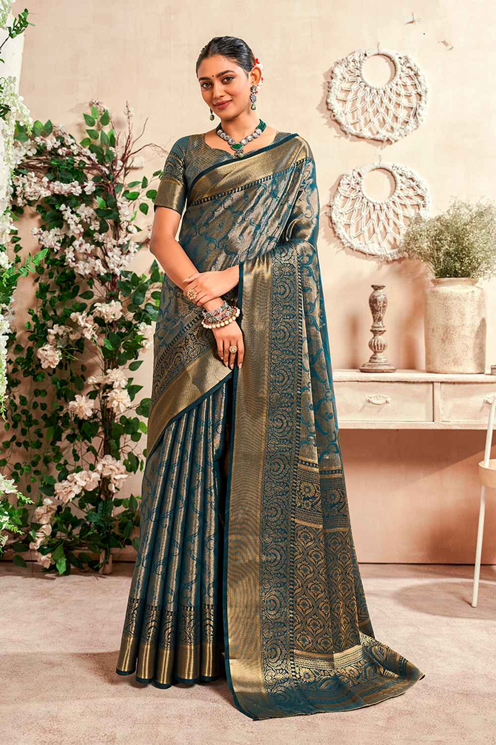 Turquoise Silk Woven Saree