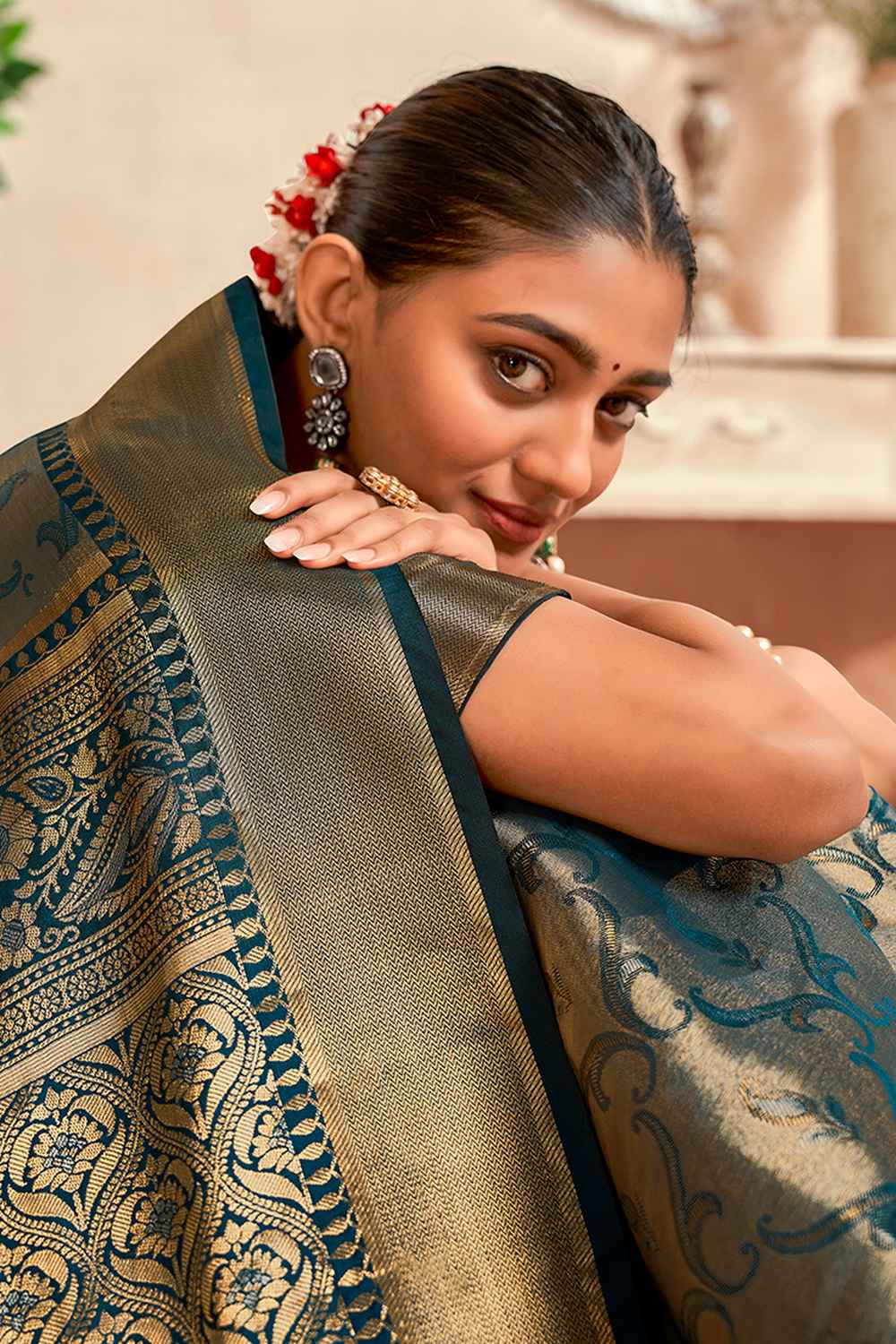 Turquoise Silk Woven Saree