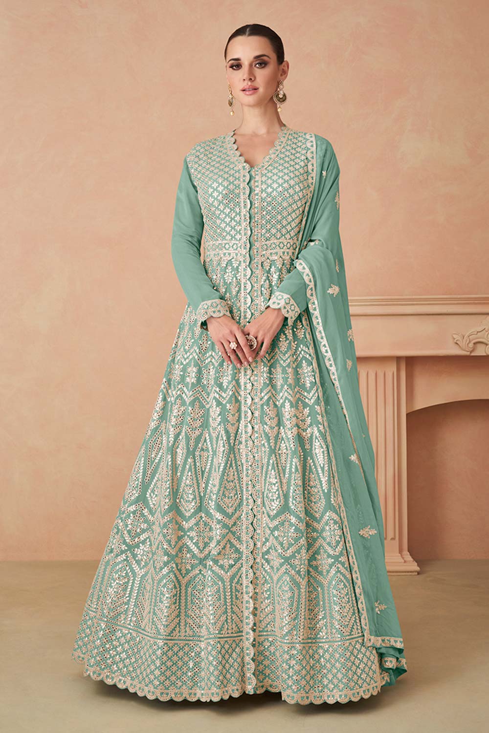 Sea Green Georgette Designer Dress