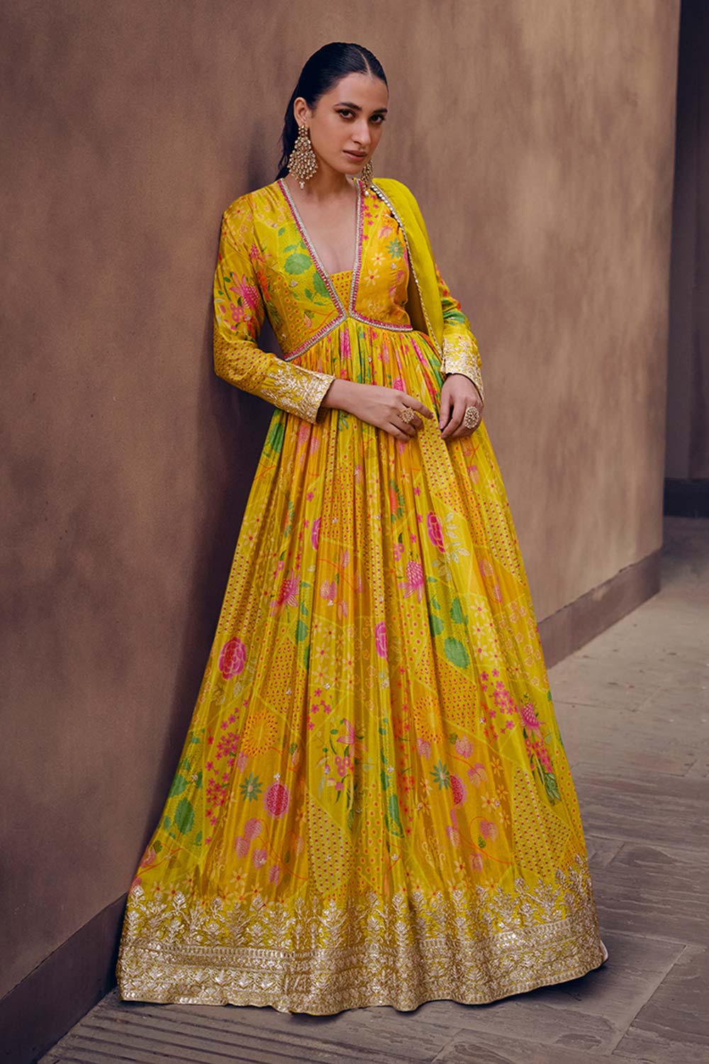 Mustard Printed Chinon Silk Ethnic Wear