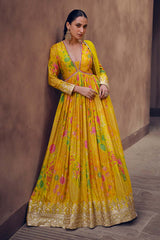 Mustard Printed Chinon Silk Ethnic Wear