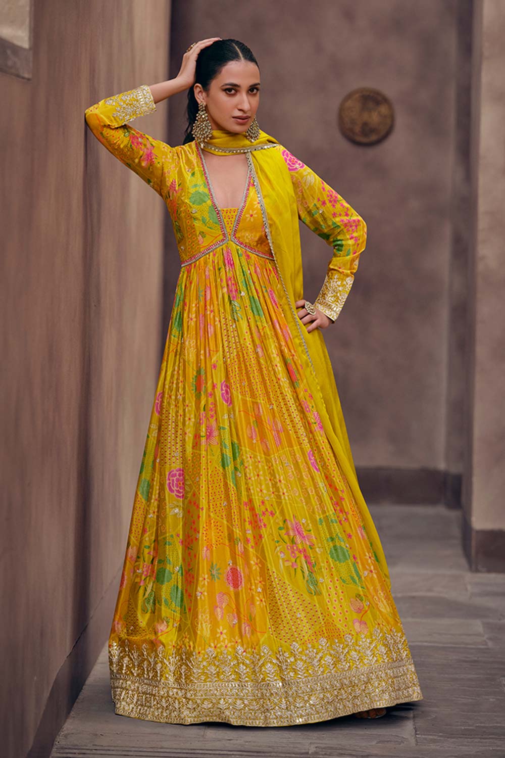 Mustard Printed Chinon Silk Ethnic Wear