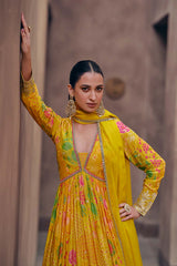 Mustard Printed Chinon Silk Ethnic Wear