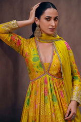 Mustard Printed Chinon Silk Ethnic Wear