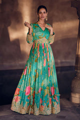 Turquoise Printed Chinon Silk Ethnic Wear