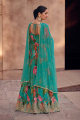 Turquoise Printed Chinon Silk Ethnic Wear