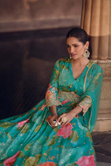 Turquoise Printed Chinon Silk Ethnic Wear