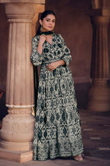 Off White/Black Printed Pure Georgette Ethnic Wear