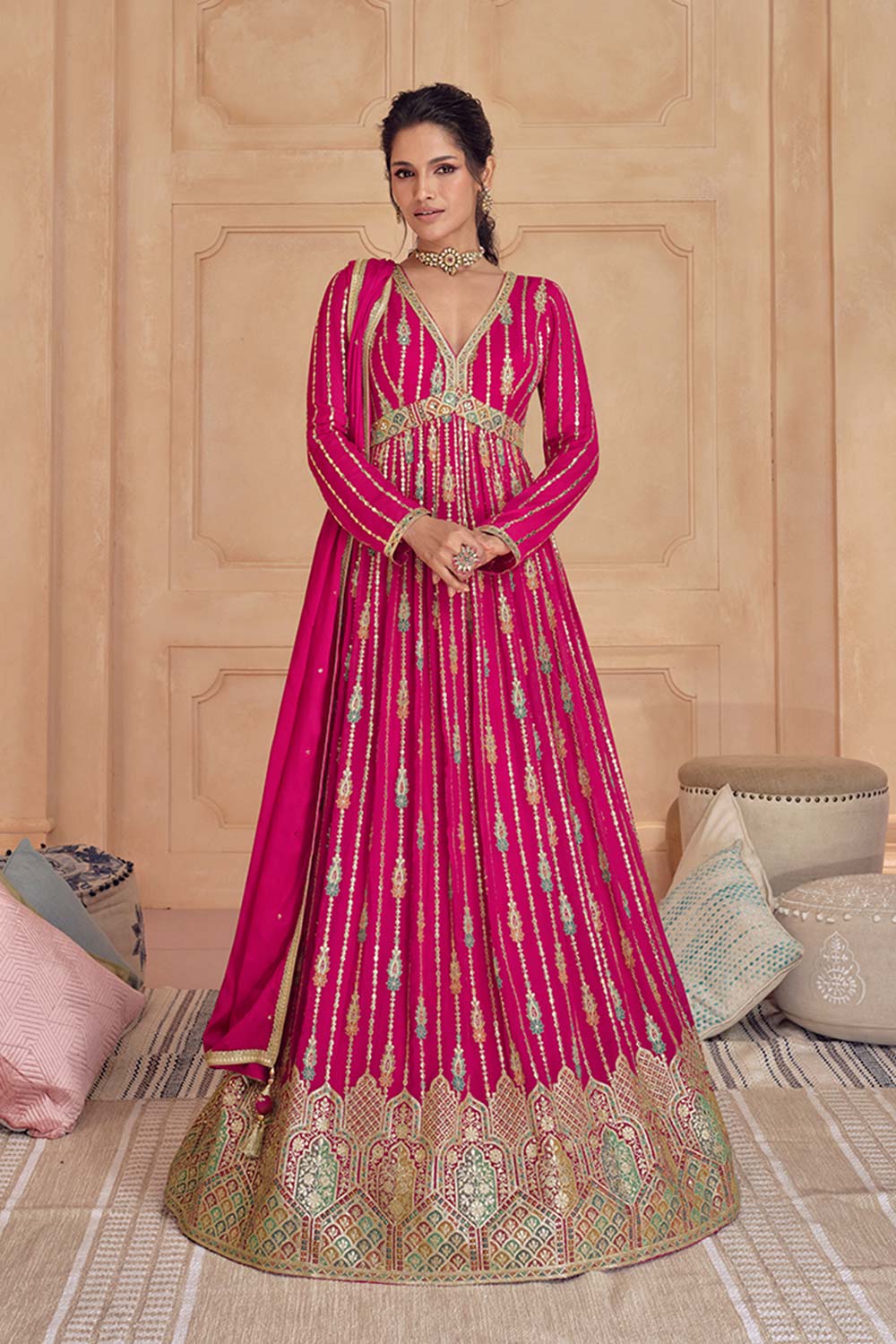 Magenta Pure Georgette Embroidered Partywear Dress