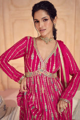 Magenta Pure Georgette Embroidered Partywear Dress